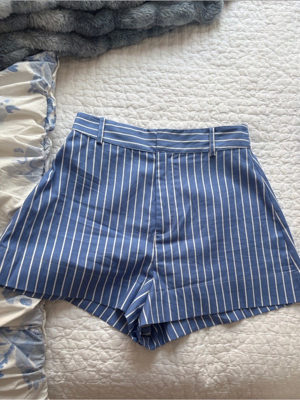 Reformation Blue and White Striped High-Rise Shorts